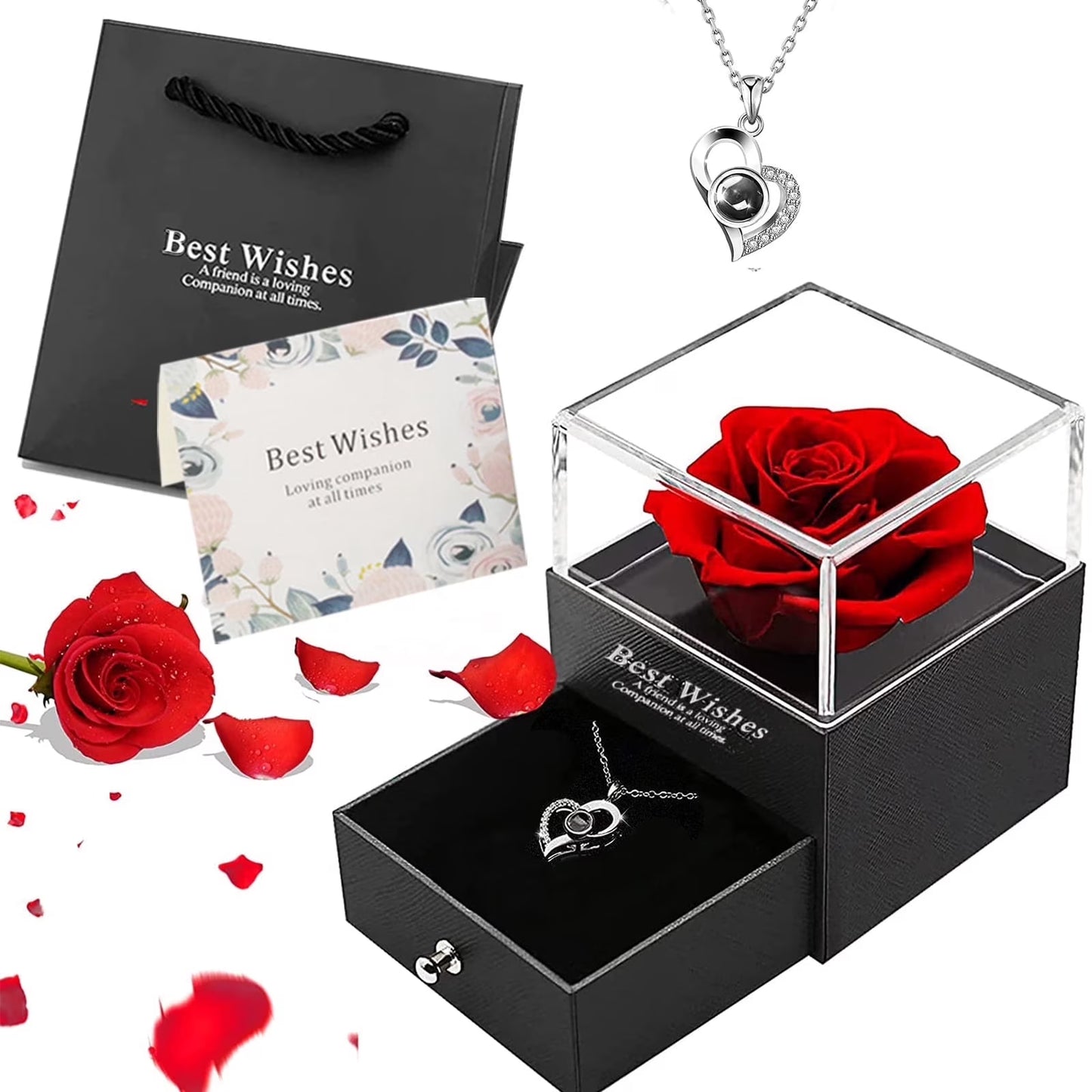 Preserved Red Real Rose with Heart I Love You Necklace，Eternal Flowers Rose Birthday Gifts for Women Her Mom Wife Girlfriend Grandma on Valentines Mothers Day Christmas Anniversary Romant